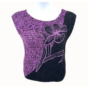 Vintage Black & Purple Knit Cap Sleeve Sweater Top W/ Embroidered Floral Design